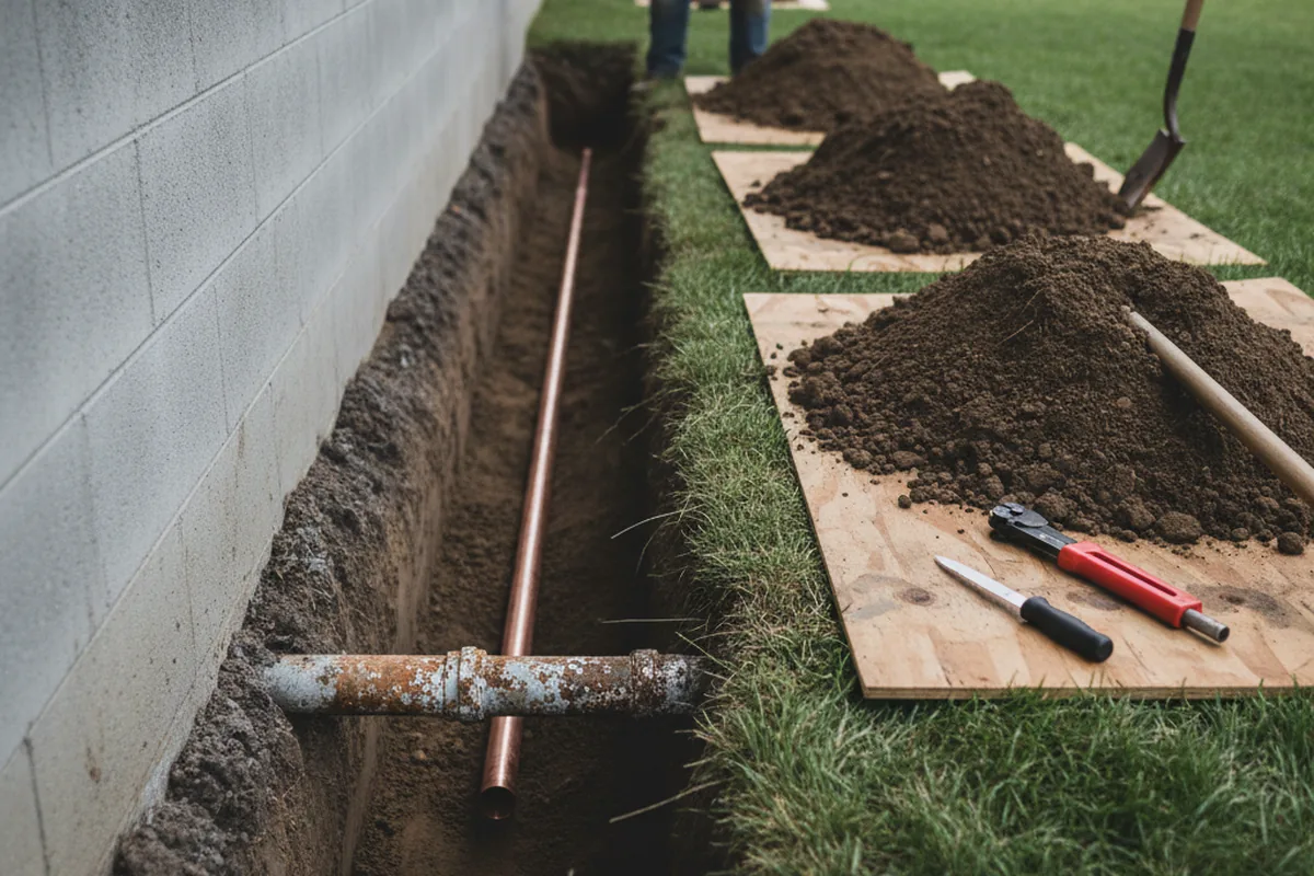 Excavated water line trench during Water Softener Installation in Dixie